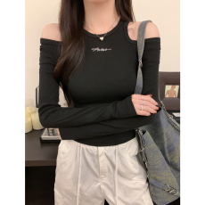 批发实拍2026春秋新款纯棉美式打底衫露肩辣妹长袖t恤女刺绣纯欲上衣