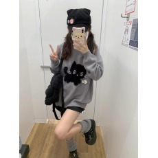 批发小猫吃不饱原创黑猫灰色毛衣仿貂毛立体小鱼外套秋冬软糯针织上衣
