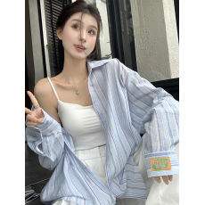 原布条纹条纹Polo领蓝色衬衫外套女夏季宽松休闲衬衣中长款上衣