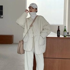批发无领羊羔毛拼接轻薄冬季<b class='q'>韩版</b>宽松小香风菱格保暖bf棉衣棉服女外套