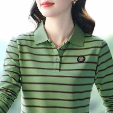 批发纯棉polo衫2024春秋装新款女士条纹长袖t恤中年妈妈女装翻领上衣