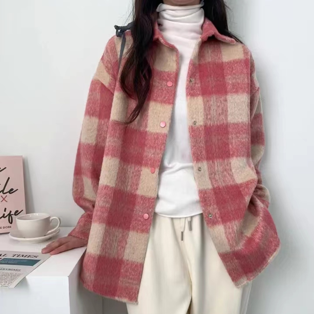 한국 스타일 가을 겨울 oversize 레트로 레트로 프로필 모양 체크무늬 모직 셔츠 하라주쿠 스타일 캐주얼 모직 여성 코트