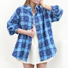 批发韩版春秋oversize复古长袖廓形<b class='q'>格子</b>提花衬衫原宿风百搭呢子外套女