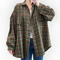 批发韩版春秋磨毛格子双口袋chic休闲宽松长袖显瘦衬衫百搭上衣女外套