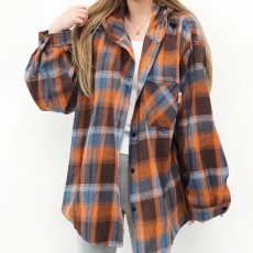 批发韩版春秋连帽磨毛<b class='q'>格子</b>衬衫时尚复古设计感休闲宽松防晒衣外套女