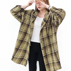 批发韩版春秋磨毛中长款连帽<b class='q'>格子</b>衬衫设计感加厚大码宽松衬衣外套女
