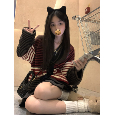 批发实拍实价 重磅加厚红色<b class='q'>条纹</b>针织毛衣 慵懒风宽松<b class='q'>开衫</b>外套