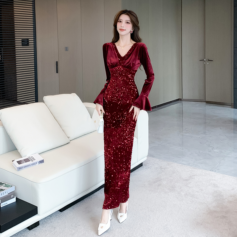 PF24460#新款时尚网红亮片长裙紧身包臀连衣裙女裝貨源服裝批發