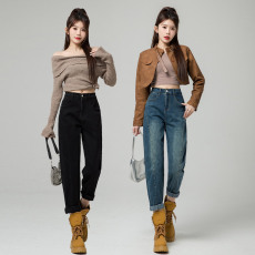 批发高腰休闲牛仔裤女2025新款韩版直筒百搭宽松萝卜哈伦老爹大码裤子