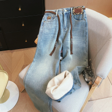 批发实拍秋冬加厚复合<b class='q'>婴儿</b>绒撞色豹纹高腰直筒宽松显瘦阔腿牛仔长裤女