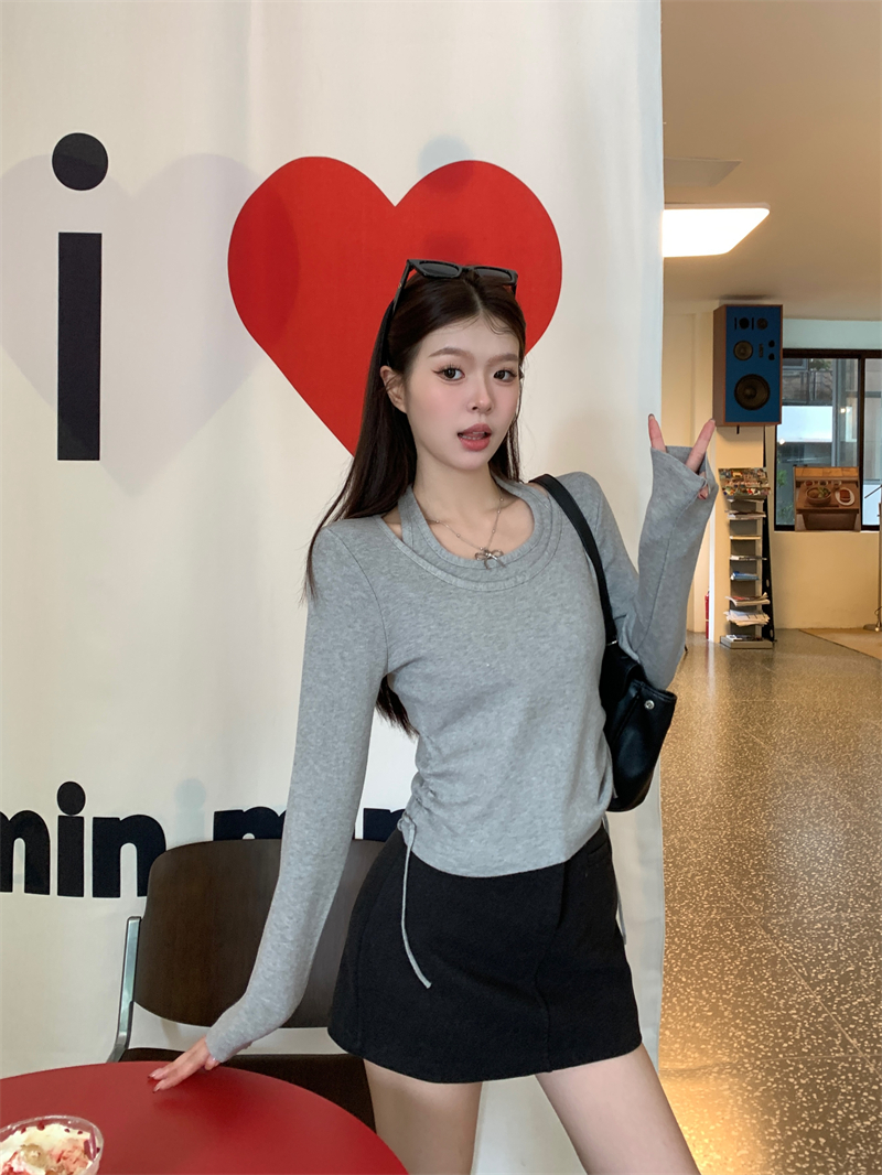 PF24443#甜辣纯欲挂脖长袖针织T恤女修身假两件上衣女裝貨源服裝批發