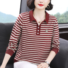 批发条纹长袖翻领t恤女春季2026年新款女士妈妈上衣宽松<b class='q'>大码</b>女装休闲