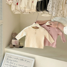 批发男女童T恤长袖坑条内搭打底衫2024秋冬新款<b class='q'>婴儿</b>宝宝纯色圆领上衣