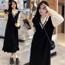 批发大货~<b class='q'>春</b>秋孕妇连衣裙大码polo领黑色荷叶边针织长裙小黑裙