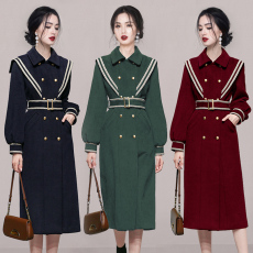 批发2024日韩新品双排扣毛呢大衣长袖织带装饰翻领中长<b class='q'>修身</b>外套衬衫领