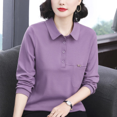 批发纯色长袖t恤女士翻领大码<b class='q'>妈妈装</b>休闲2026春季新款洋气宽松上衣