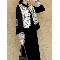 批发春装搭配一整套新中式国风时尚套装盘扣上衣马甲丝绒半身裙三件套