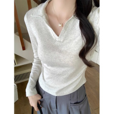 批发POLO领长袖2025年春秋褶皱收腰显瘦百搭简约设计感打底上衣外穿女