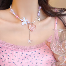 批发多巴胺女孩夏季甜美气质串珠爱心项链女轻奢小众设计 感流苏颈链