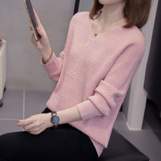 批发2026年春秋新款V领勾花钉珠针织衫上衣大码女装微胖mm内搭毛衣