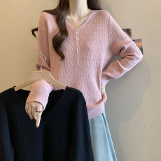 批发2026春秋新款勾花V领正肩长袖针织衫上衣大码女装微胖mm内搭毛衣