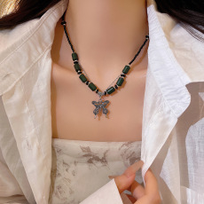 批发新中式民族风复古做旧蝴蝶项链女抽拉式编织绳锁骨链网红同款颈链