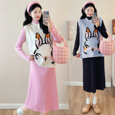 批发实拍新款孕妇秋<b class='q'>冬</b>针织宽松显瘦甜美减龄潮妈两件套连衣裙