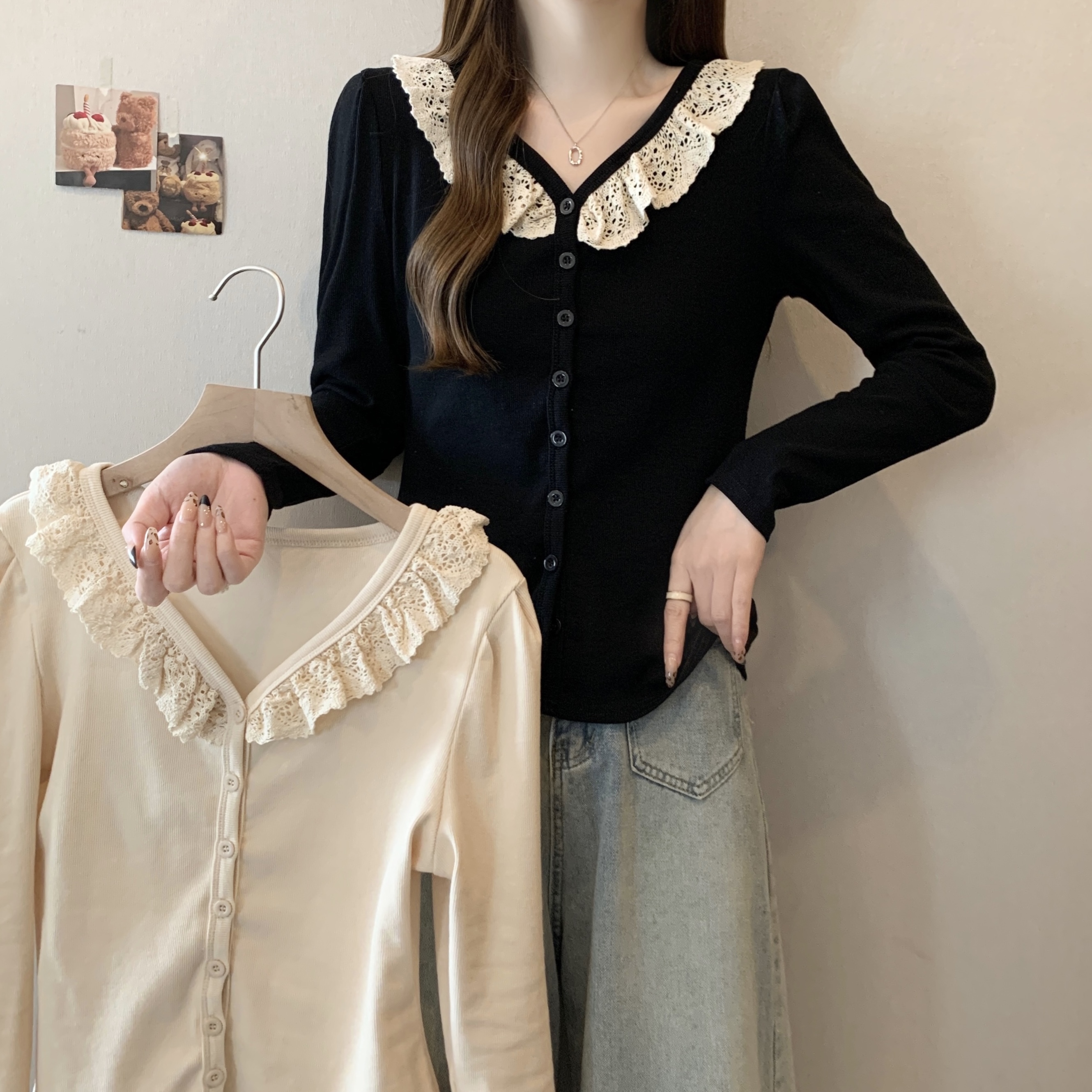 PF27006#大码女装胖MM蕾丝边娃娃领长袖打底衫女修身显瘦减龄短款上衣女裝貨源服裝批發