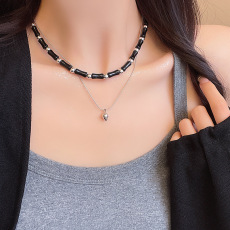 批发小众复古冷淡风双层叠戴项链女网红同款黑色竹节锁骨链颈链批发