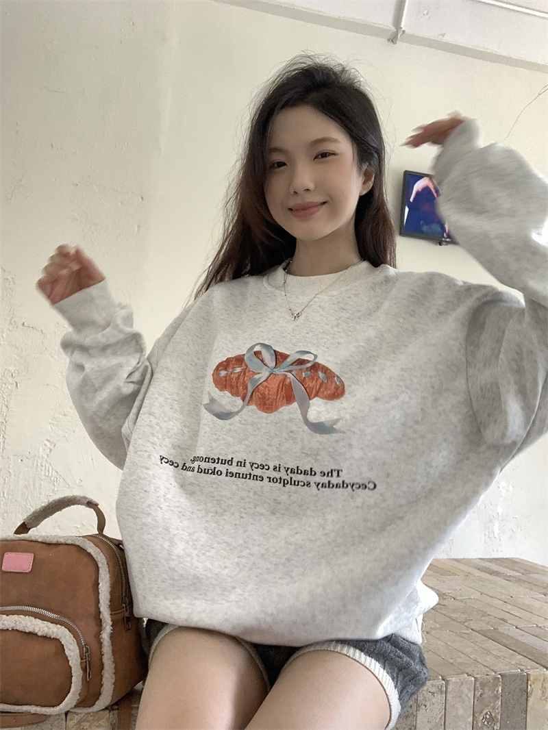실사 정가 가을 겨울 한 부서 나비 매듭 소뿔 패키지 프린트 루즈핏 털이 있는 일반 후드티