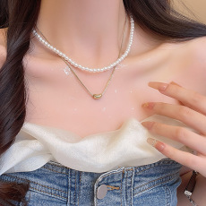 批发轻奢小众双层叠戴珍珠项链女百搭气质高级感小豆豆锁骨 链颈