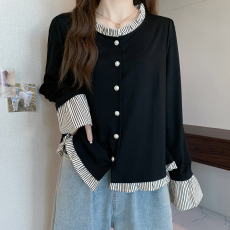 批发实拍<b class='q'>秋</b>装新款胖mm200斤别致拼接假两件大码女装宽松显瘦长袖T恤潮