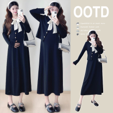 批发实拍2025孕妇秋冬新款撞色蝴蝶结系带韩版孕妇装两件套8406