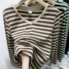 批发v领条纹长袖t恤女<b class='q'>春</b>秋新款修身v领打底体恤衫百搭显瘦外穿上衣潮
