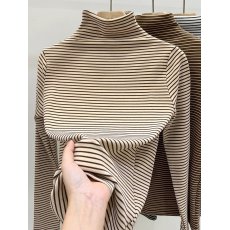 批发德绒条纹打底衫女冬季装半高领长袖t恤秋衣内搭宽松上衣中年妈妈