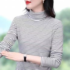 批发德绒条纹打底衫女冬季装半高领长袖t恤秋衣内搭宽松上衣中年妈妈