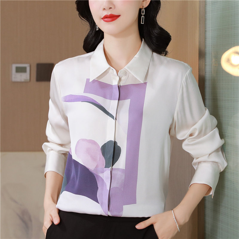 MY13779# 女裝貨源大簰定位印花重磅真丝衬衫长袖新款翻领气质桑蚕丝上...