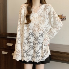 批发实拍 大码春秋韩版简约百搭纯色V领套头宽松型蕾丝衫上衣<b class='q'>女</b>