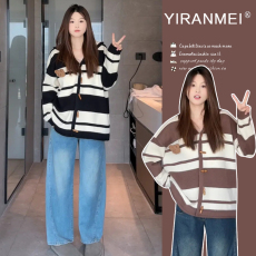 批发新品~秋<b class='q'>冬</b>新款时尚长袖条纹外套宽松减龄遮肚孕妇连帽上衣