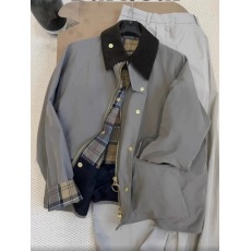 批发高级感格纹拼接设计灰色工装外套2024秋季小个子翻领韩系女士上衣