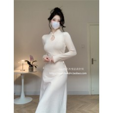 批发针织秋冬季气质抽绳褶皱复古盘扣旗袍风毛衣A字裙女