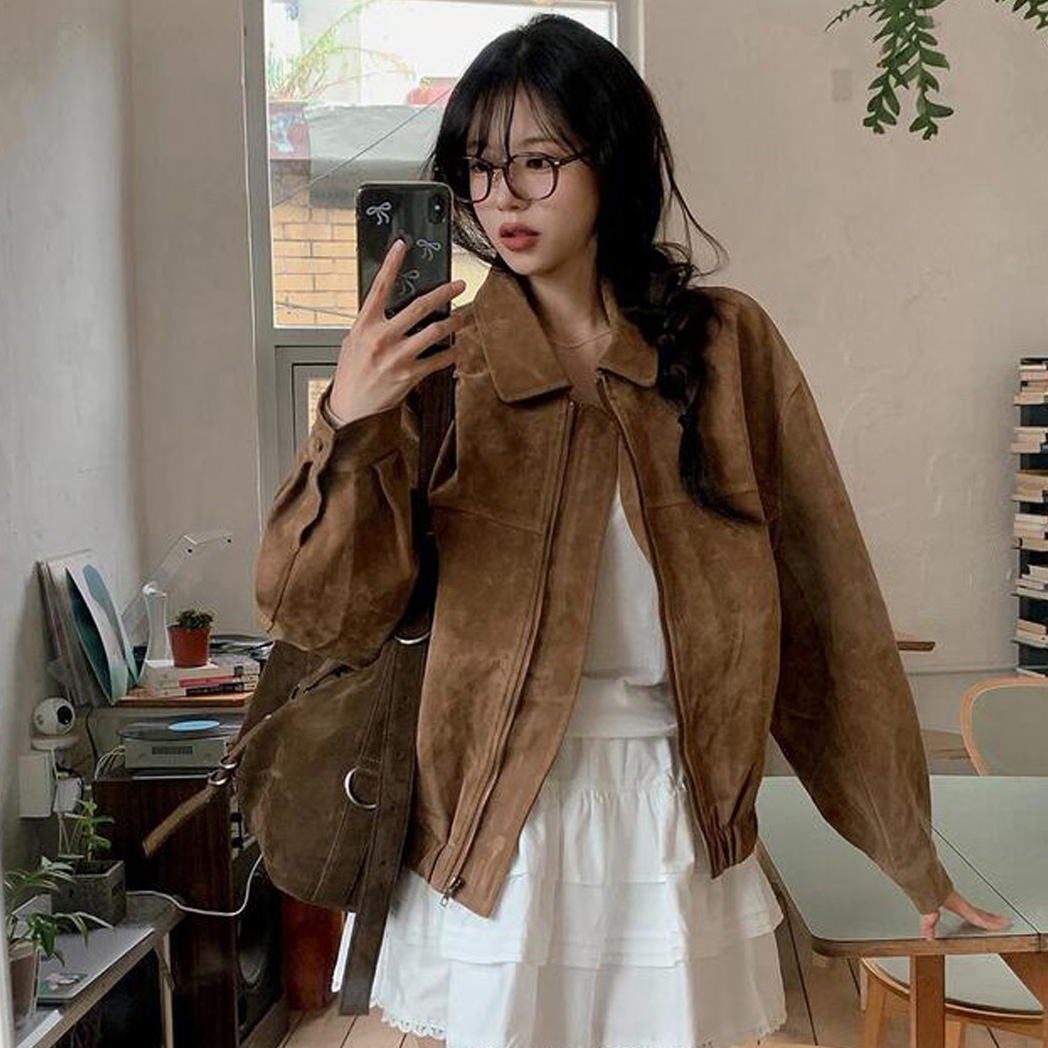 크기 있음 업데이트 프랑스식 아름다움 라드. 레트로 브라운 색상 시스템 루즈핏 사슴 캐시미어 야구 유니폼 잘 생긴 오토바이 재킷