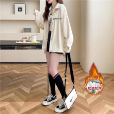 批发抖音原版做法复超柔加绒秋冬慵懒风刺绣POLO领衬衫<b class='q'>外套</b>特价