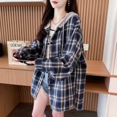 批发实拍后包领抖音质量连帽磨毛格子衬衫慵懒风中长款薄款外套上衣