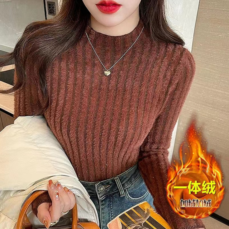 흔들어서 톤 주간 고양이 품질 부드러운 찹쌀 스웨터 여자 반하이넥 풀오버 가을 겨울 새로운 미니멀리즘 밍크 플리스 니트 기본 셔츠