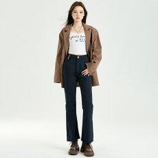 批发宝蓝色牛仔微喇裤女2025春秋季新款皮牌高腰显瘦毛边喇叭<b class='q'>裤子</b>