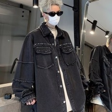批发<b class='q'>嘻哈</b>高街设计感小众毛边铆钉牛仔夹克男 秋季宽松痞帅情侣外套