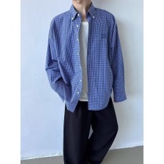 批发美式复古蓝色格子长袖衬衫男女宽松休闲高级感百搭衬衣外套