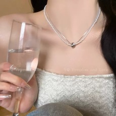 批发轻奢小众双层叠戴珍珠项链女甜酷辣妹风同心结蛇骨链锁网红锁骨链