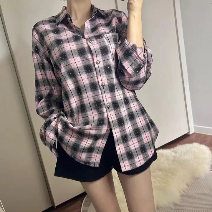 한국 스타일 봄 가을 핫픽스 격자 무늬 셔츠 패션 디자인 센스 레트로 긴팔 재킷 여성 긴 소매 하라주쿠 스타일 셔츠